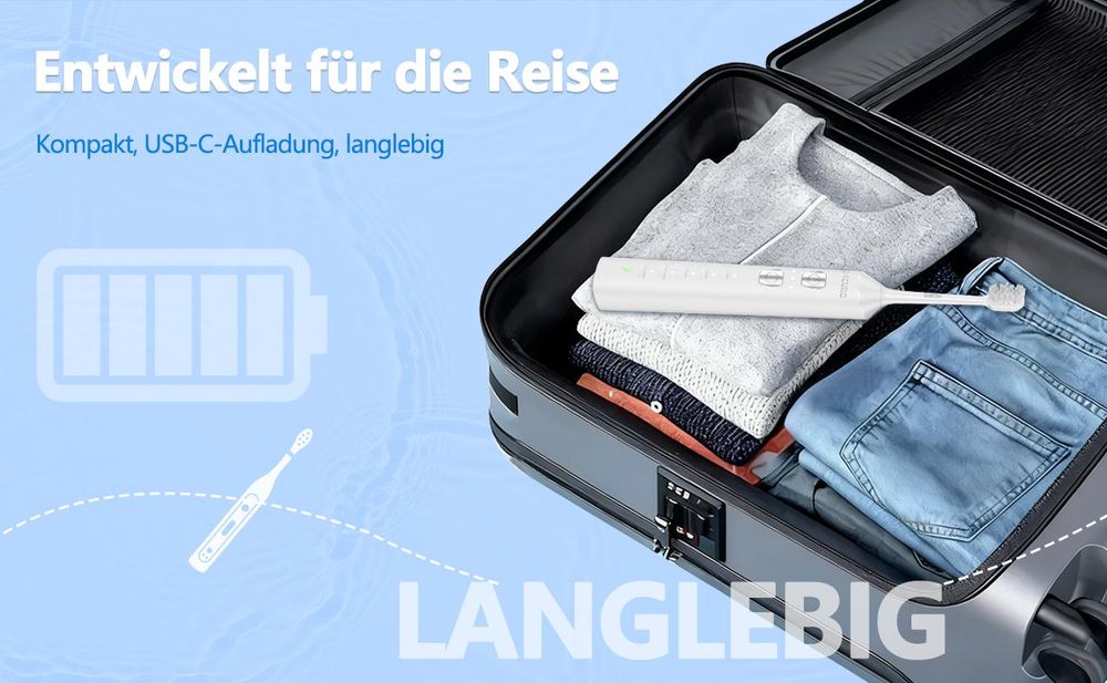 MCURO Elektrische Schallzahnbürste, 45.000 VPM, 5 Modi & 3 Intensitätsstufen, Type-C Schnellladung, 180 Tage Akku, 6 Bürstenköpfe, Weiß