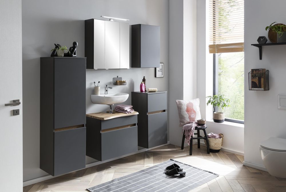 Villach Waschbeckenunterschrank – Badezimmer-Unterschrank mit griffloser Front in matt grau