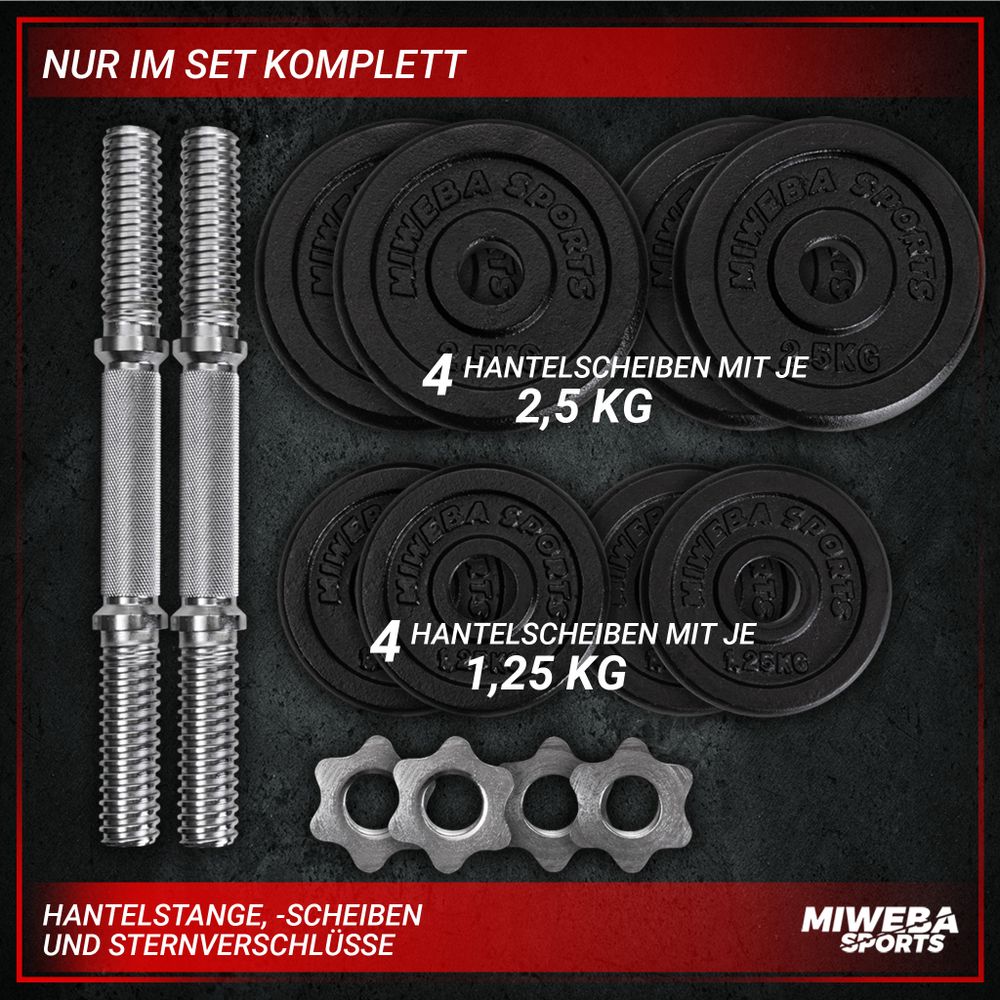 Miweba Sports Kurzhantel MKH110 | inkl. 15 kg Gusseisen Gewichte - Stahl Hantelstange - 4x Sternverschluss - 4x 1,25 kg - 4x 2,5 kg - Hantelpaar