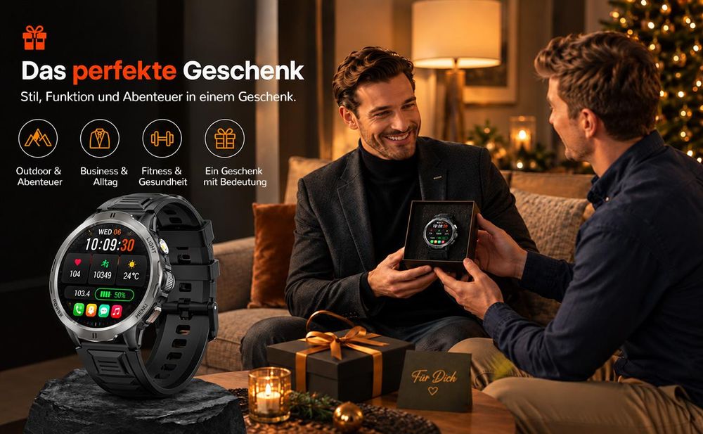 2026 Herren Militär-Smartwatch mit 1,85" AMOLED und 75 Tagen Standby Smartwatch Herren-Fitnessuhr, mit IP68+5ATM, 24/7 Herzfrequenz, SpO₂, Blutdruck