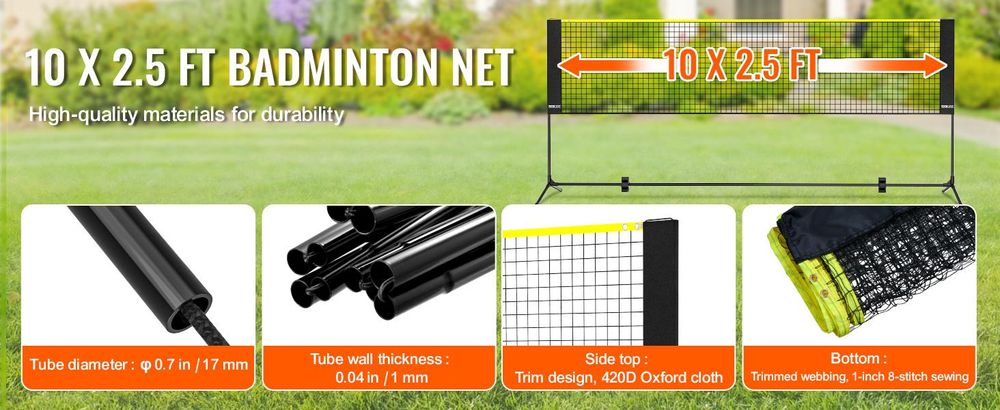 VEVOR 3m Badmintonnetz Set Outdoor Tragbares Volleyball Pickleball Tennisnetz, 10 x 2.5 ft