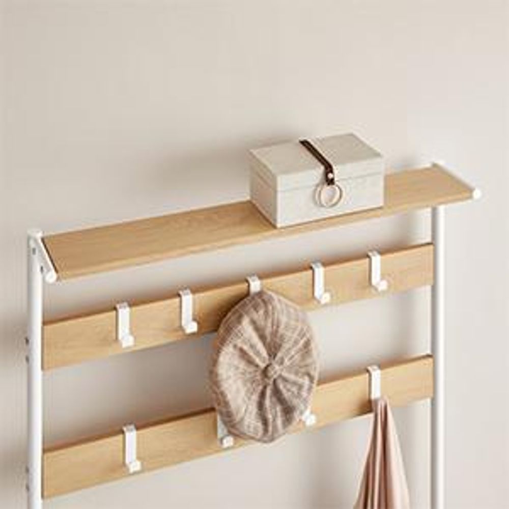 VASAGLE Garderobenständer, Kleiderständer, Garderobe mit 9 abnehmbaren Haken, Schuhregal, für kleine Wohnungen, Flur, Industrie-Design, eichenfarben-weiß HSR409