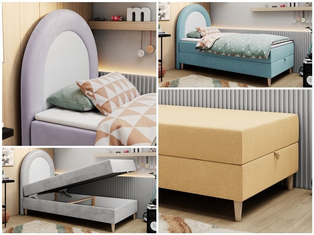 Fotocollage mit verschiedenen Stoffen im Bett