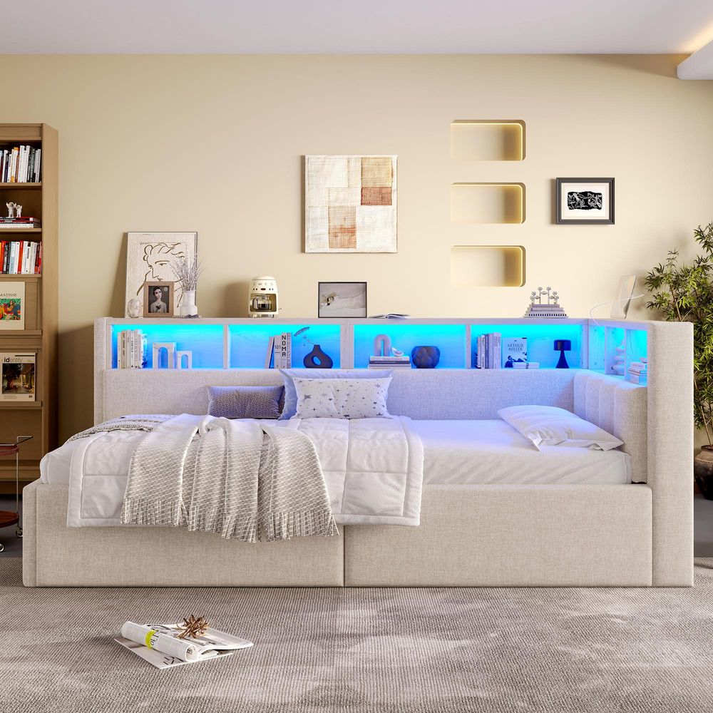 Flieks Hydraulisches Schlafsofa Tagesbett mit USB- und Typ-C-Anschlüsse, Polsterbett Stauraumbett Einzelbett mit Led und Staufächern, Leinen, Beige