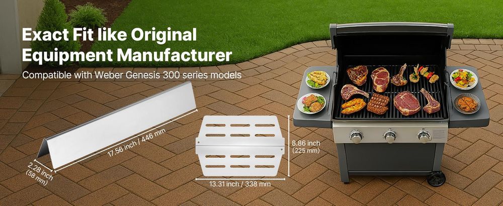 VEVOR Aromastäbe, 39 cm Grill Ersatzteil, für Weber Spirit I & II 200 Serien Grills, einschließlich Spirit ll E-210, ll E-220, ll S-210, E-210, S-210, porzellanemaillierte Stahl-Hitzeschild, 3er Pack, 446mm-b, 5+2 Teile Set