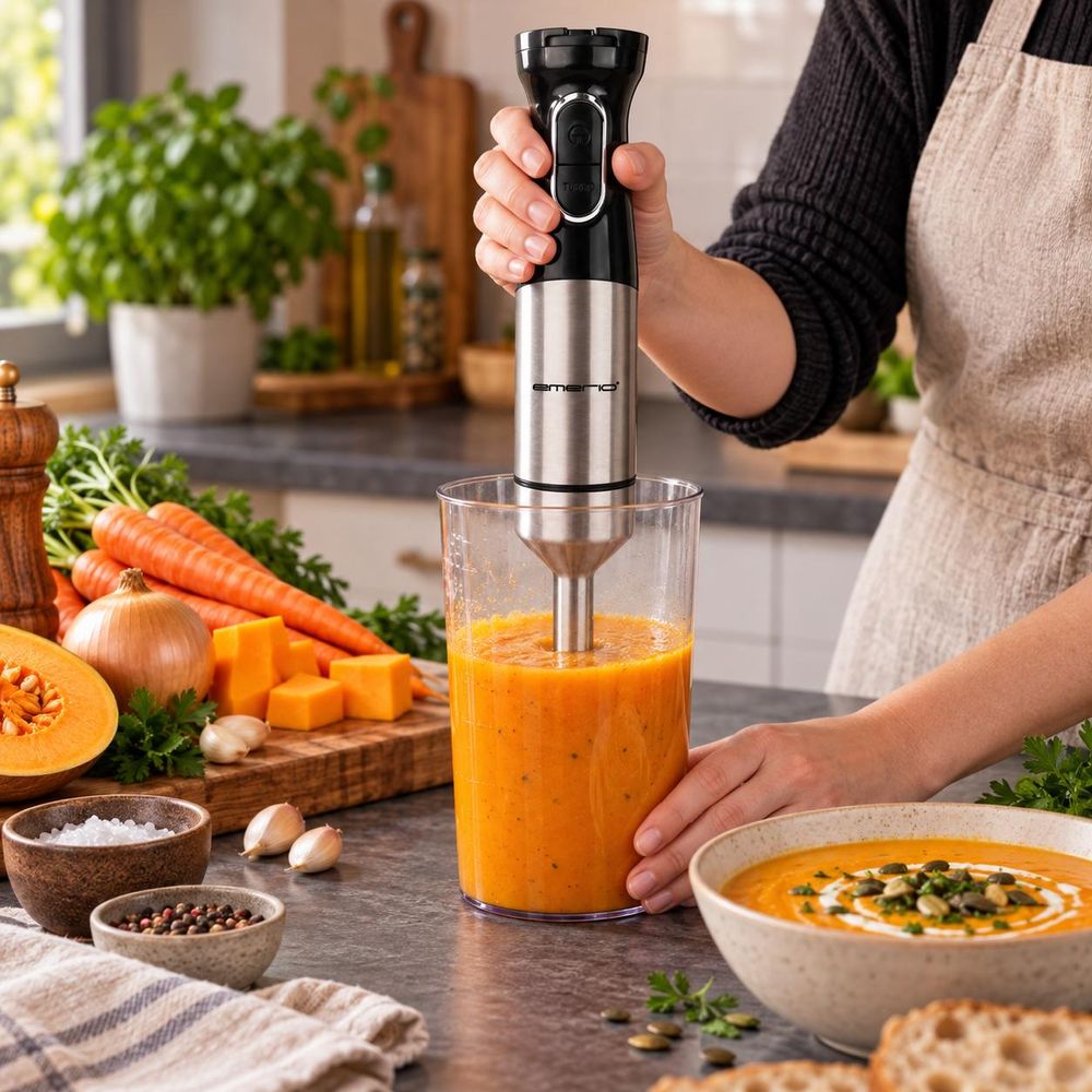 Stabmixer püriert Kürbissuppe in einer gemütlichen Küche mit frischen Zutaten.