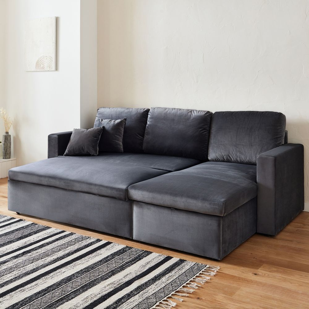 sweeek - 3-Sitzer Ecksofa mit Samtbezug und Schlaffunktion - Dunkelgrau