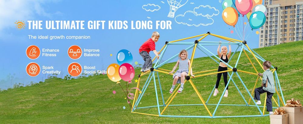 VEVOR Kletterdome, 3m geometrischer Kletterdome Spielzentrum für Kinder von 3 bis 10 Jahren, Spielplatz unterstützt 340 kg und einfache Montage, mit Klettergriffen, Outdoor-Spielgeräte für den Garten für Kinder, 12 ft, Keine Ersatzteile-b