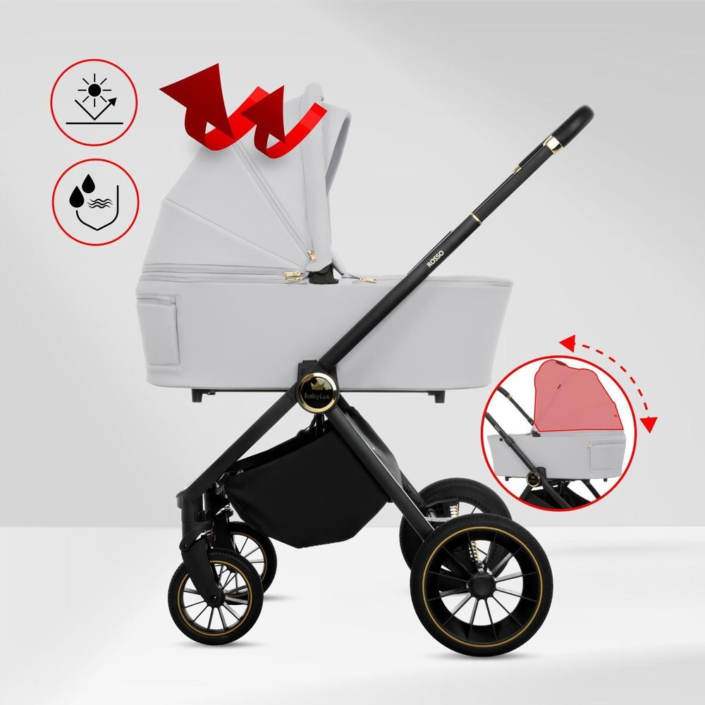 BabyLux® Kinderwagen 3in1 Set ROSSO, Beige Faltbar Leicht Kombikinderwagen Set incl. Babywanne, Buggy Sportsitz, Babyschale i-Size, Wickeltasche