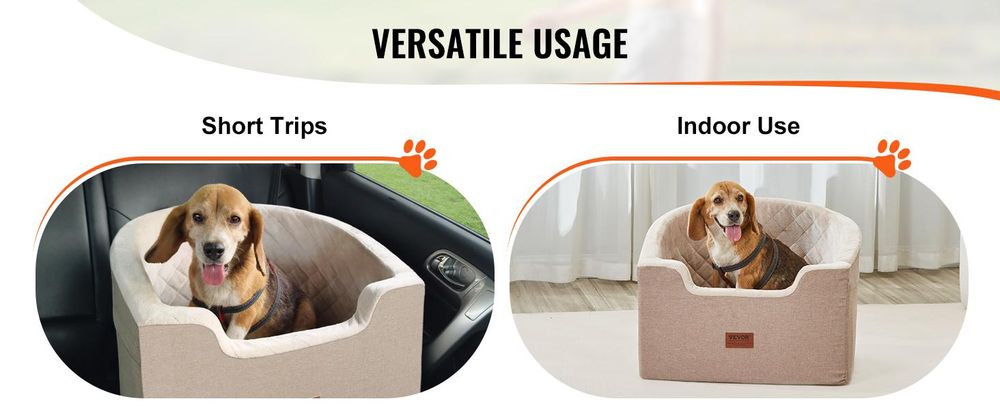 VEVOR Hundesitz fürs Auto, Hundebuster-Sitz für das Auto mit Stützrahmen, Haustierautositz mit Clip-on Sicherheitsleine, Baumwollfüllung, Hundebett fürs Auto für kleine Hunde bis 26 lbs, Grau, Braun + Hellbeige