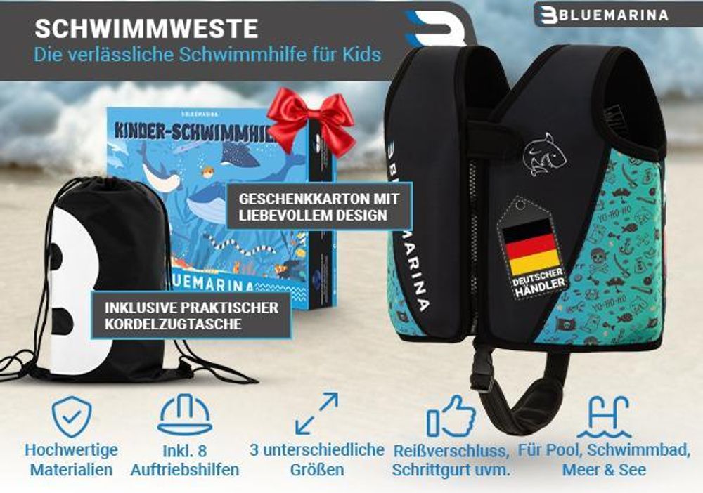 Bluemarina Kinder Schwimmhilfe | UV-Schutz - Schrittgurt - Neopren Weste - Auftrieb EPE-Schaum - Doppelnaht - Für Jungen und Mädchen (Captain M)