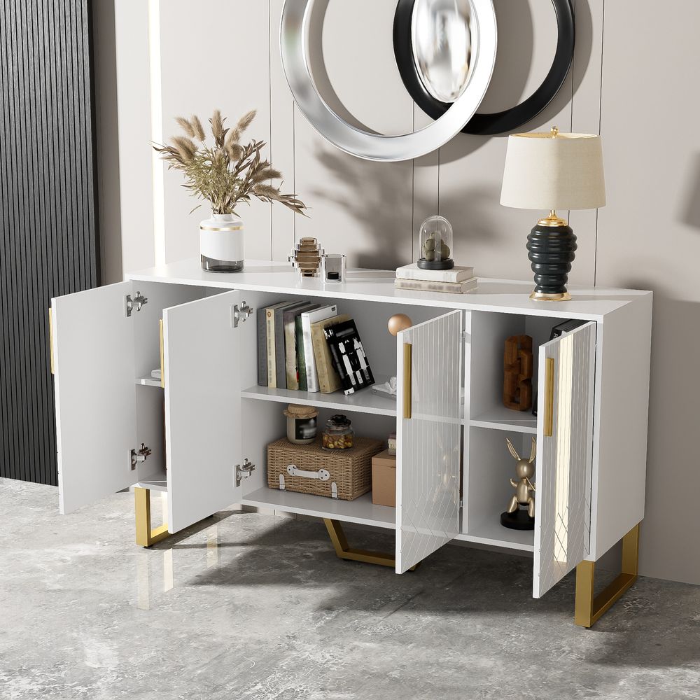 Merax Sideboard 140x40x80 cm in Weiß Hochglanz, Kommode mit 4 Türen Anrichte mit Metallgriffe und -beine, Buffet mit Push-to-Open Funktion
