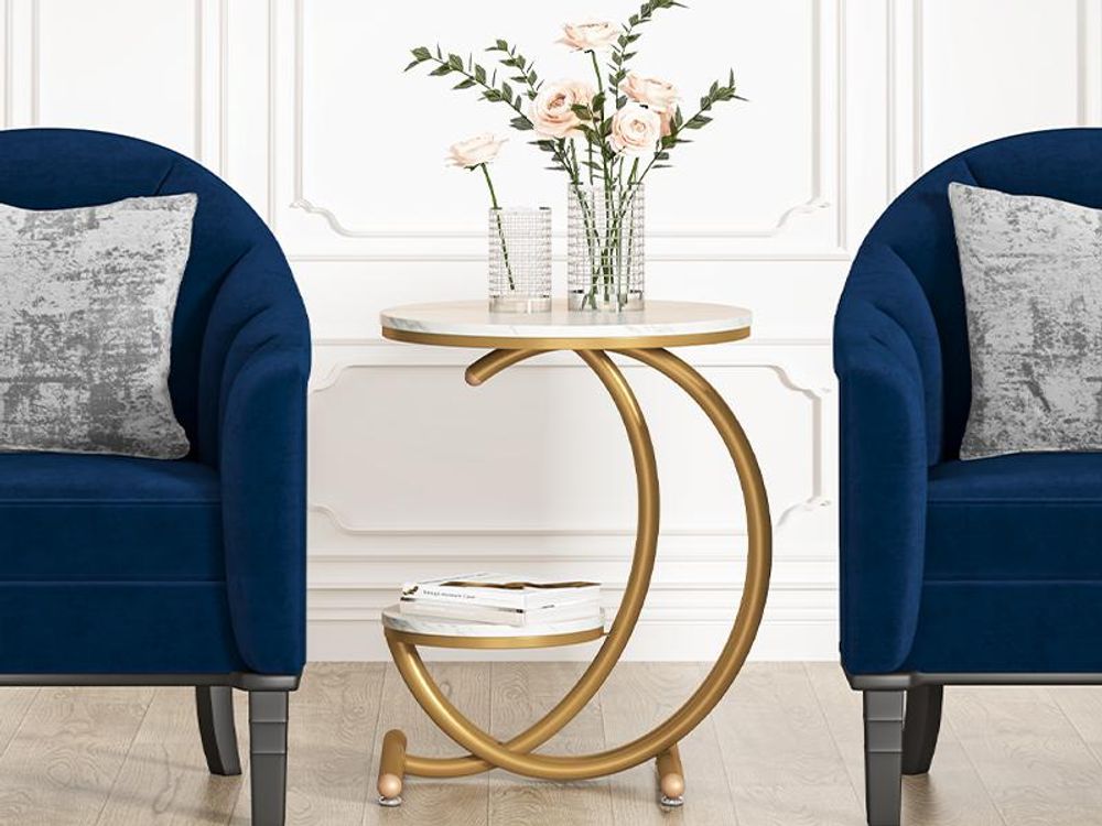 Tribesigns Beistelltisch aus Kunstmarmor, moderner 2-stöckiger runder Couchtisch mit C-förmigem Rahmen für Wohnzimmer, Schlafzimmer, Weiß/Gold