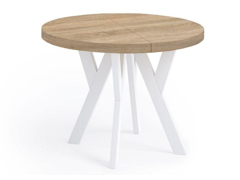 Runder Ausziehbarer Tisch für Esszimmer, PERO, Loft-Stil, Skandinavische, Durchmesser: 90 / 190 cm, Farbe: Eiche Sonoma / Weiss