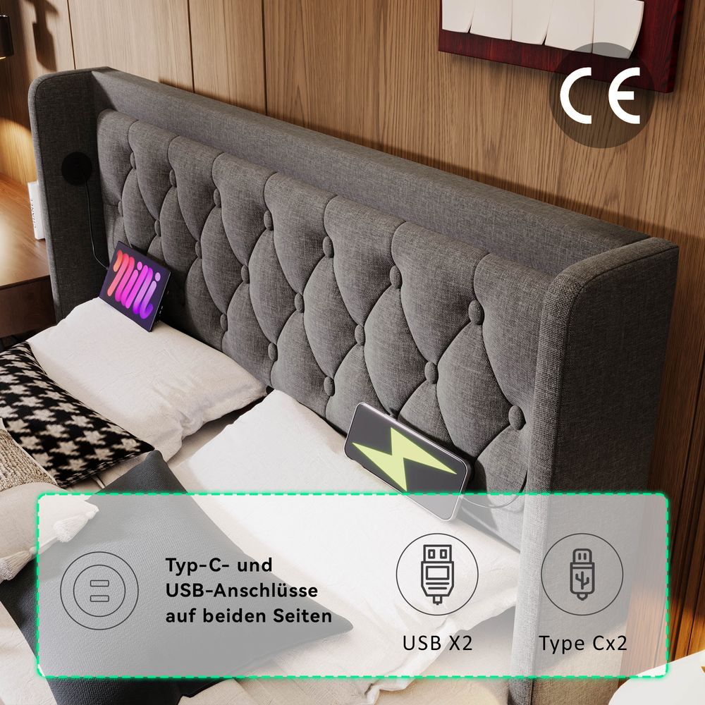 Flieks Polsterbett 160x200cm mit USB & Typ-C, Doppelbett Jugendbett mit LED, Hydraulisches Stauraumbett Boxspringbett mit Lattenrost, Baumwolle, Grau
