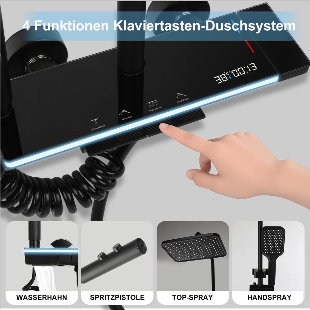 Schwarzes Duschsystem mit Regendusche, 4 Wasserfunktionen, LED Wasserlicht & Luftdruck-Technologie, höhenverstellbare Duschsäule mit Handbrause