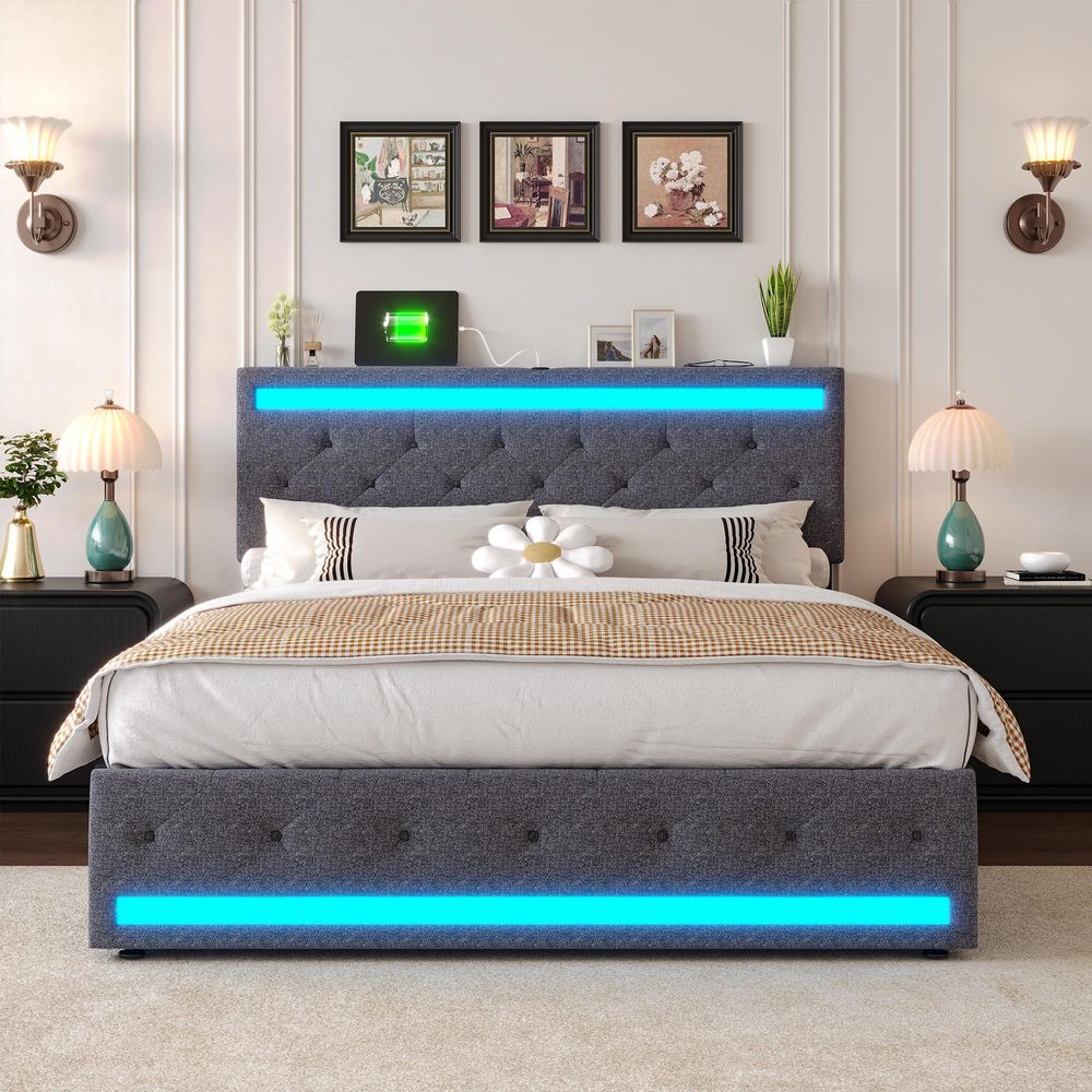 INONEFT Polsterbett 140x200 cm, Modern Boxspringbett mit LED und USB, Jugendbett mit 4 mit Stauraum Schubladen, Ohne Matratze, Leinen Dunkelgrau