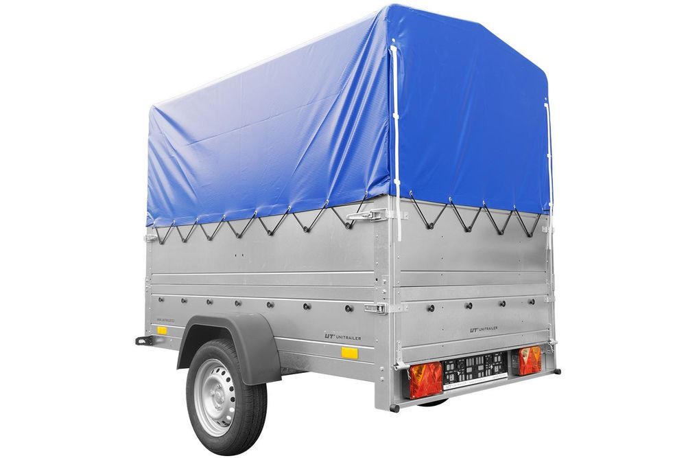 PKW-Anhänger 200x125 UNITRAILER GARDEN 201 KIPP mit Bordwandaufsatz und blauer Hochplane