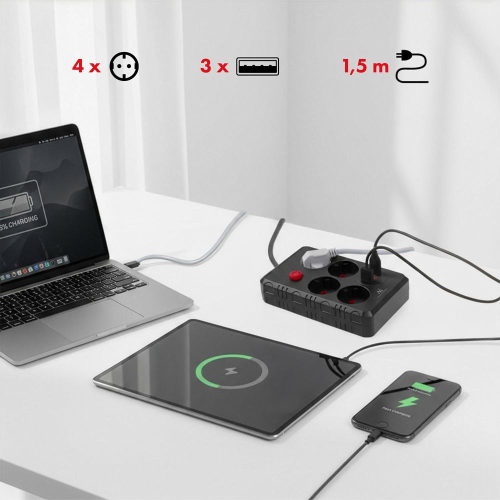 Maclean Steckdosenleiste 4-Steckdosen-Verlängerungskabel + 3xUSB 110-240V AC 50/60Hz 2,1A max 2500W 1,5m schwarz MCE392 B