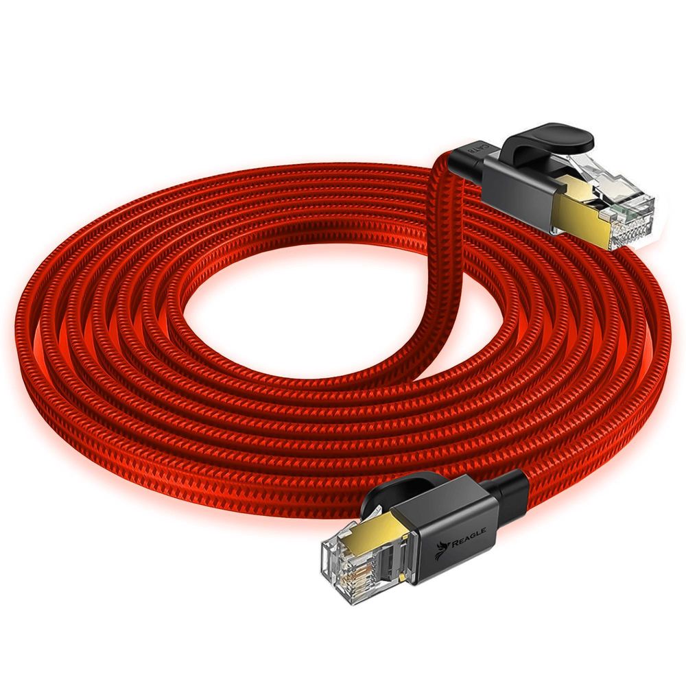 Flaches Netzwerkkabel 3m Cat 8 LAN Kabel Ethernet RJ45 40Gbps 2000MHz für Gaming PC Laptop Router PS5 Xbox Rot Nylon Geflochten Reagle