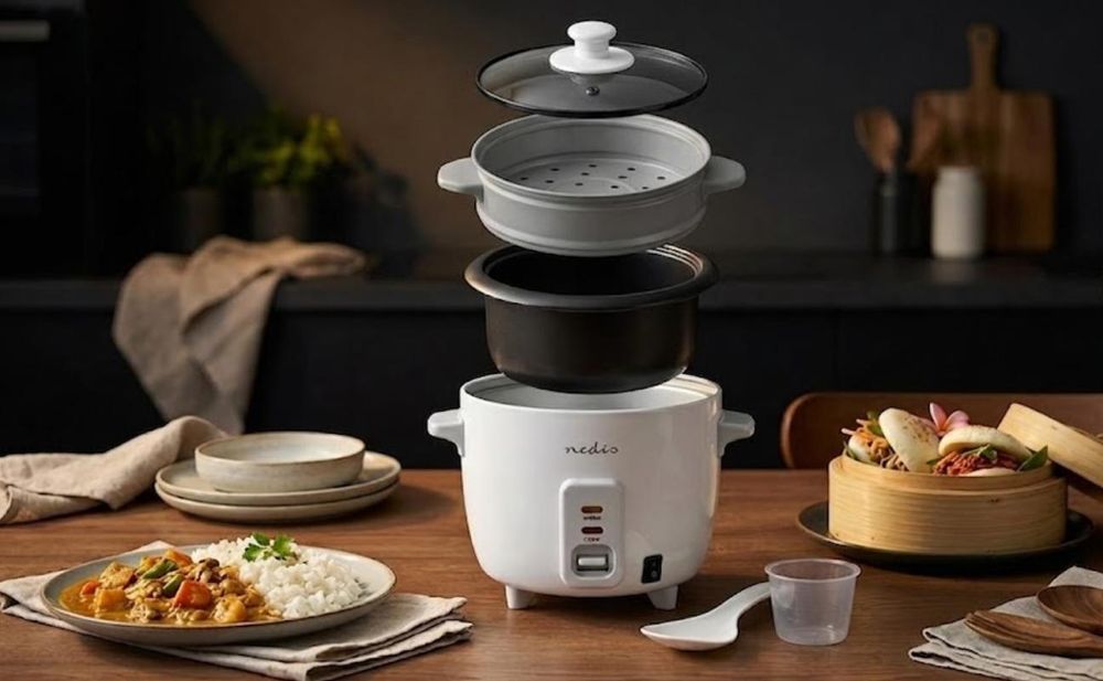 Nedis Reiskocher - 0.6 l - 300 W - Aluminium-Dampfer - Antihaft-Beschichtung - Herausnehmbare Schüssel