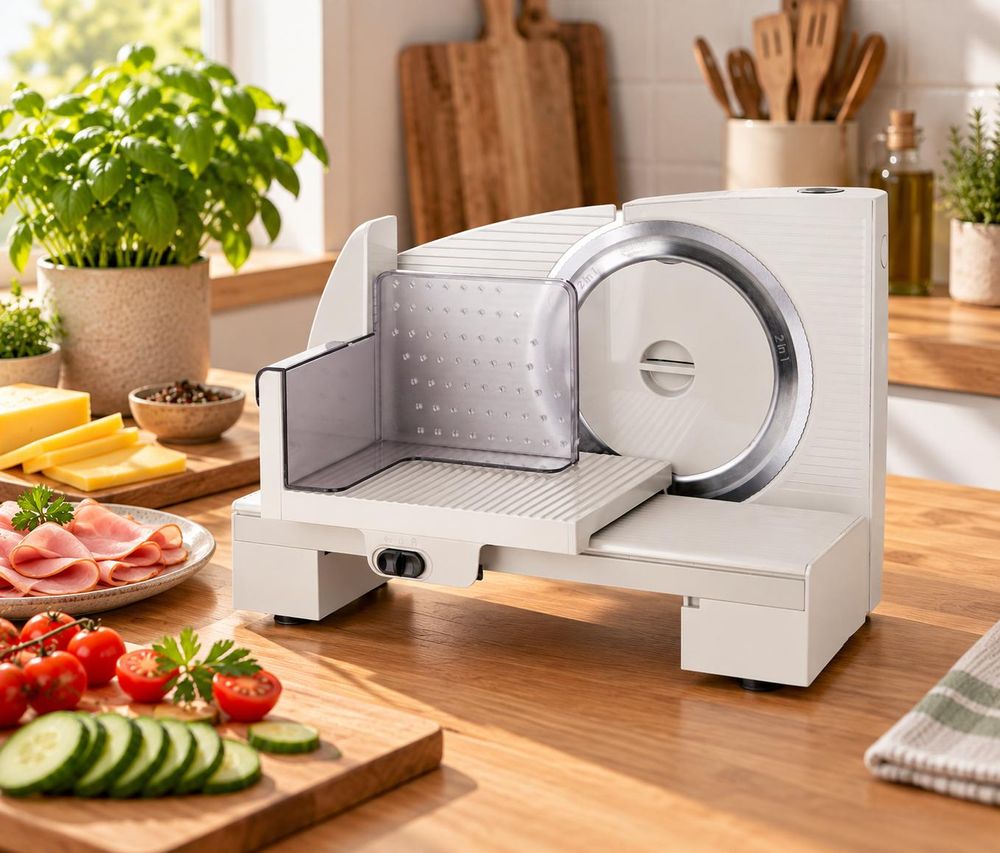 Elektrischer Allesschneider auf Küchenarbeitsplatte mit Käse, Schinken und Gemüse.