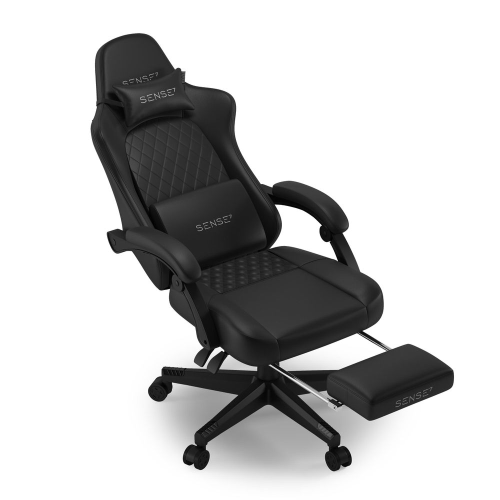 SENSE7 Devon Gaming Stuhl Kunstleder Schwarz - Ergonomischer Bürostuhl mit Fußstütze PC Schreibtischstuhl Zockerstuhl Leder 120 kg