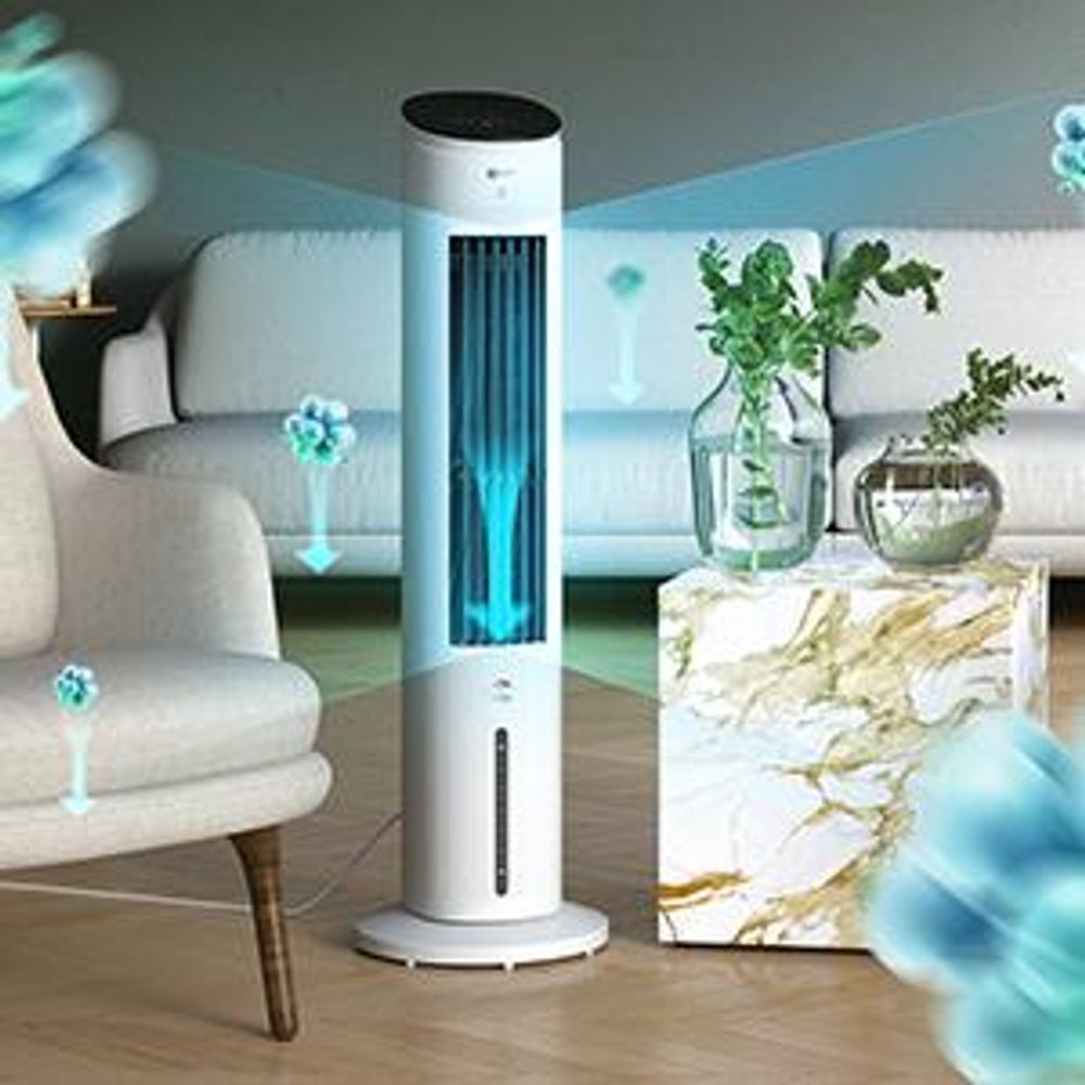 Balter 5in1 Turmventilator mit Fernbedienung, Leiser Standventilator, Wasserkühlung, Oszillation, Luftbefeuchter, Luftreiniger, Ionisator, Timer, weiß