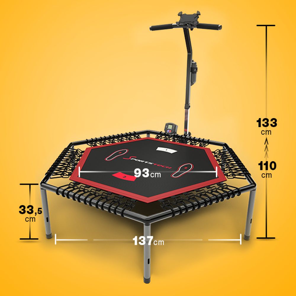 Messe-Neuheit 2020! Smart Fitness Trampolin, inkl. Pulsgurt, Sprungzähler & APP, klappbar, höhenverstellbarer Haltegriff mit Handy- & Flaschenhalterung, HTX100 Indoor Jumping Workout