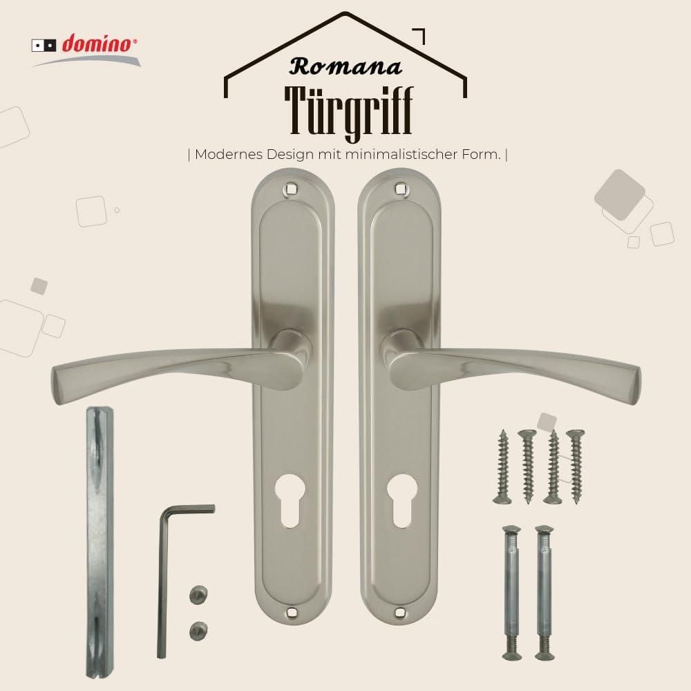 DOMINO Türgriff 72 Drückergarnitur PZ - Profilzylinder Set | Türklinke für Zimmertür, Bürotür, Kellertür & Innentür | L-Form | Türbeschläge aus Aluminiuml | Nickel Türdrückergarnitur | ROMANA M9
