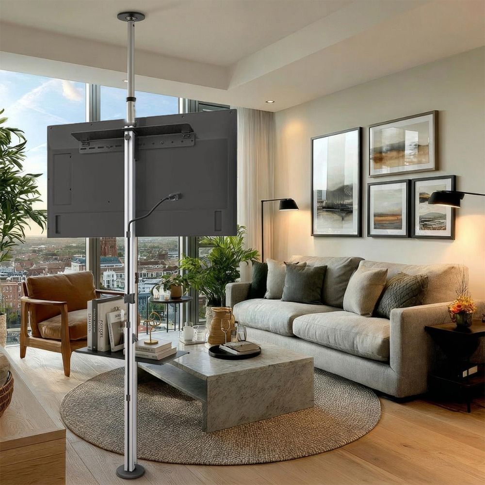 TV Halterung mit Ablage Decken-Bodenbefestigung Teleskophalter OLED QLED LCD LED Plasma Fernseher 37-70 Zoll max. VESA 600x400 bis 30kg