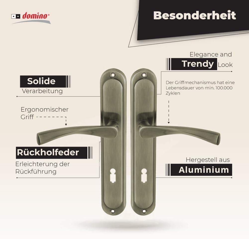 DOMINO Türgriff 72 Drückergarnitur BB-Buntbart Set | Langschildgarnitur | Türklinke für Zimmertür, Bürotür, Kellertür & Innentür | L-Form | Türbeschläge aus Aluminiuml |Bronze Türdrückergarnitur |ROMANA M3