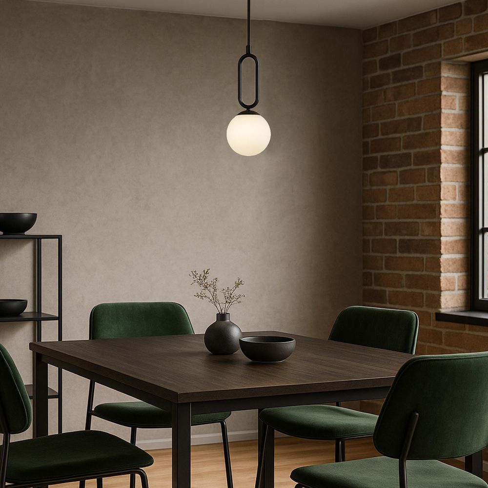 MasterLED Hängeleuchte - E27 Fassung - Schwarz - dekorativer Rahmen – Opalglas-Kugel - modern für Wohnzimmer & Esszimmer