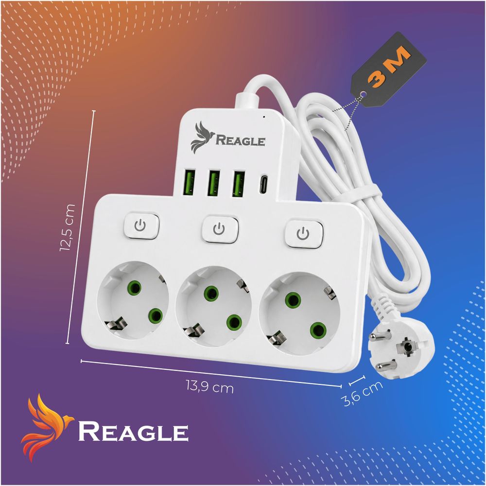 Reagle 3m Steckdosenleiste 3-fach einzeln schaltbar mit 4x USB (3x USB-A, 1x USB-C), Mehrfachsteckdose weiß, Verlängerungskabel 2500W