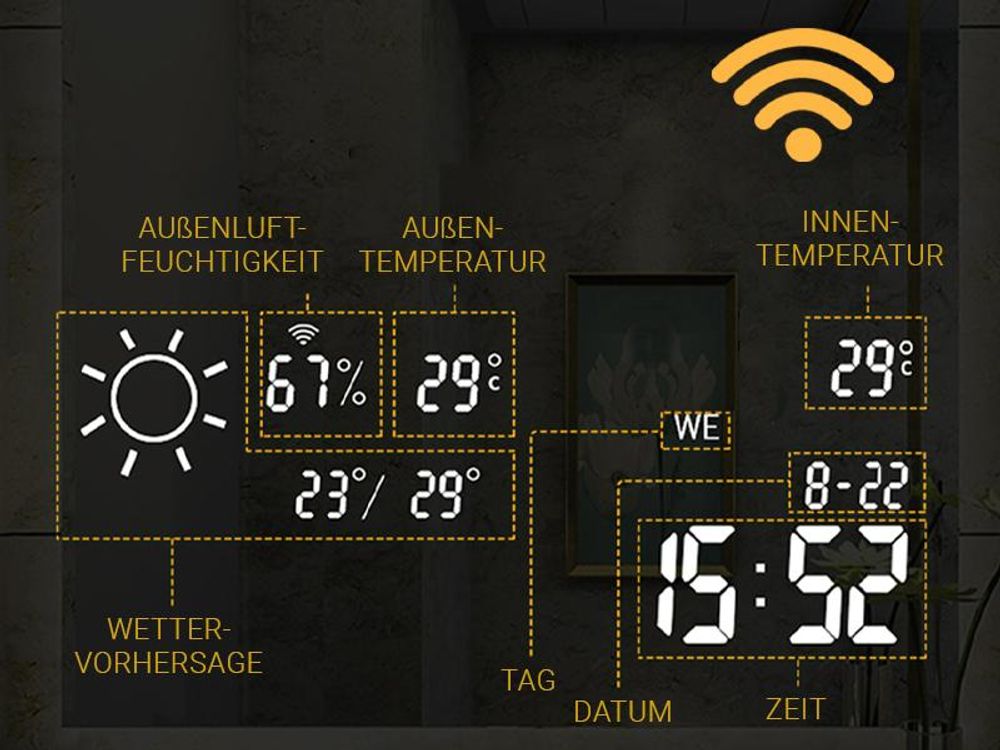 Heidenfeld LED Badezimmerspiegel | Wandspiegel mit Heizung - Infrarot Spiegelheizung - WLAN Display- Wetteranzeige - Dimmbar Anti-Beschlag - 250 Watt