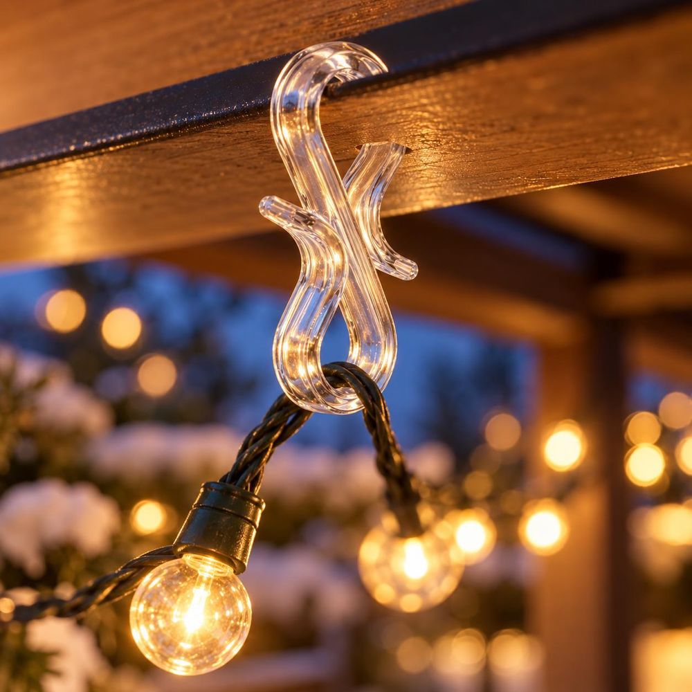 Transparenter S-Haken verbindet eine passende schmale Kante mit einem Lichtkabel.