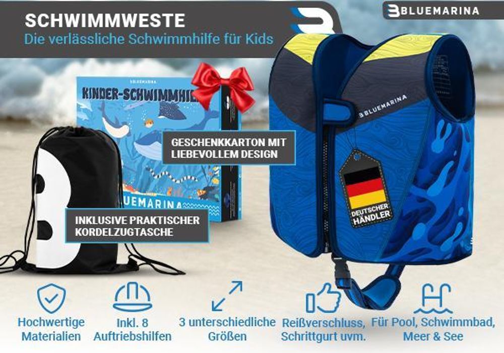 Bluemarina Kinder Schwimmhilfe | UV-Schutz - Schrittgurt - Neopren Weste - Auftrieb EPE-Schaum - Doppelnaht - Für Jungen und Mädchen (Laguna M)