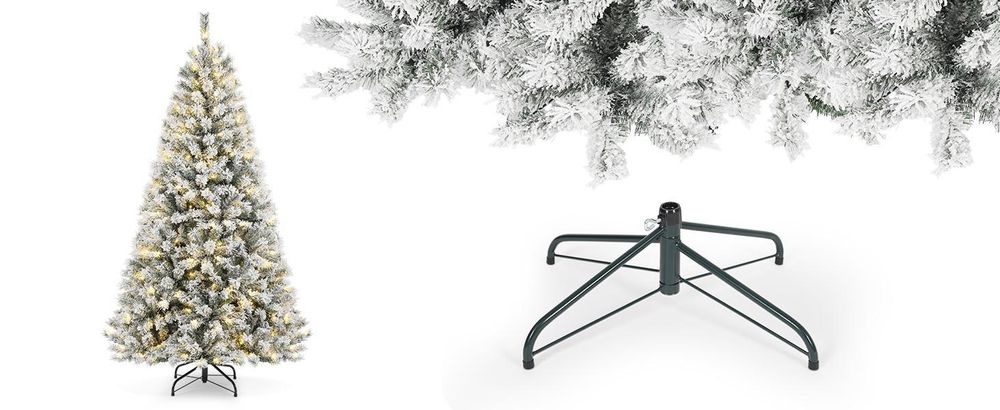 Salcar 210cm Künstlicher Weihnachtsbaum mit Schnee inkl. 1898 Spitzen PE+PVC Nadeln, 500 warmweiße LED-Leuchten & Metallständer, Tannenbaum