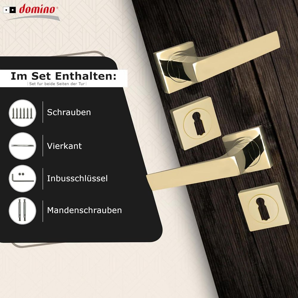 Domino Türgriff QUADRADO-QR M1 Drückergarnitur BB-Buntbart Set quadratische Rosette Türklinke für Zimmertür Türbeschläge aus Aluminium  Messing Gold