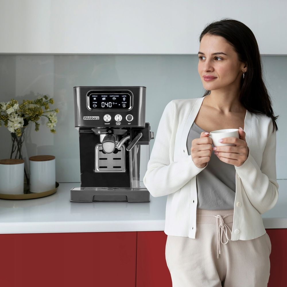 Halbautomatische Siebträgermaschine WEBBER BARISTA M5 – 15 bar Druck, Milchaufschäumer, LED-Panel, ideal für Espresso & Cappuccino