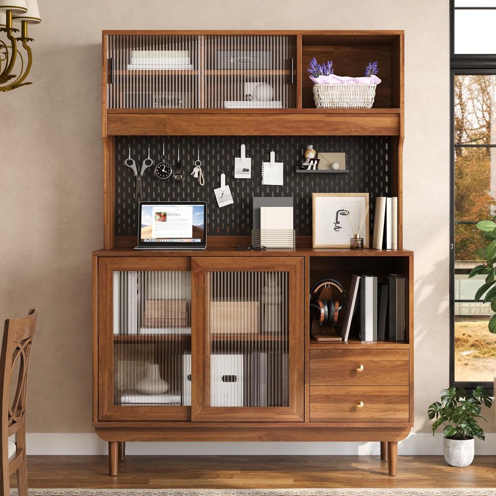 Merax Küchenschrank Buffet mit Riffelglas-Schiebetüren, Sideboard mit Schubladen, Hochschrank mit offenen Fächern, Lochplatten-Rückwand, Nussbaum