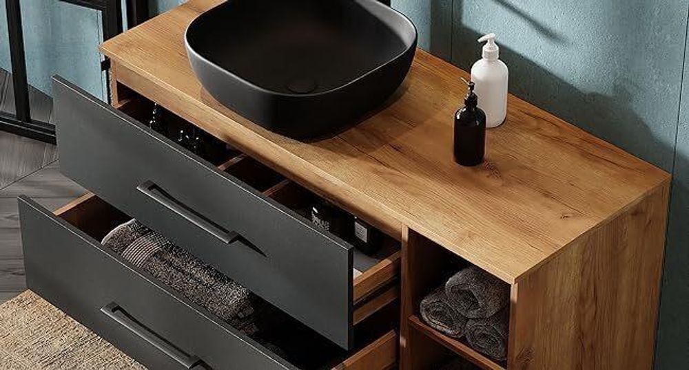 Planetmöbel LUX Waschtischunterschrank 70 cm hängend ohne Aufsatz-Waschbecken Gold Eiche/Anthrazit
