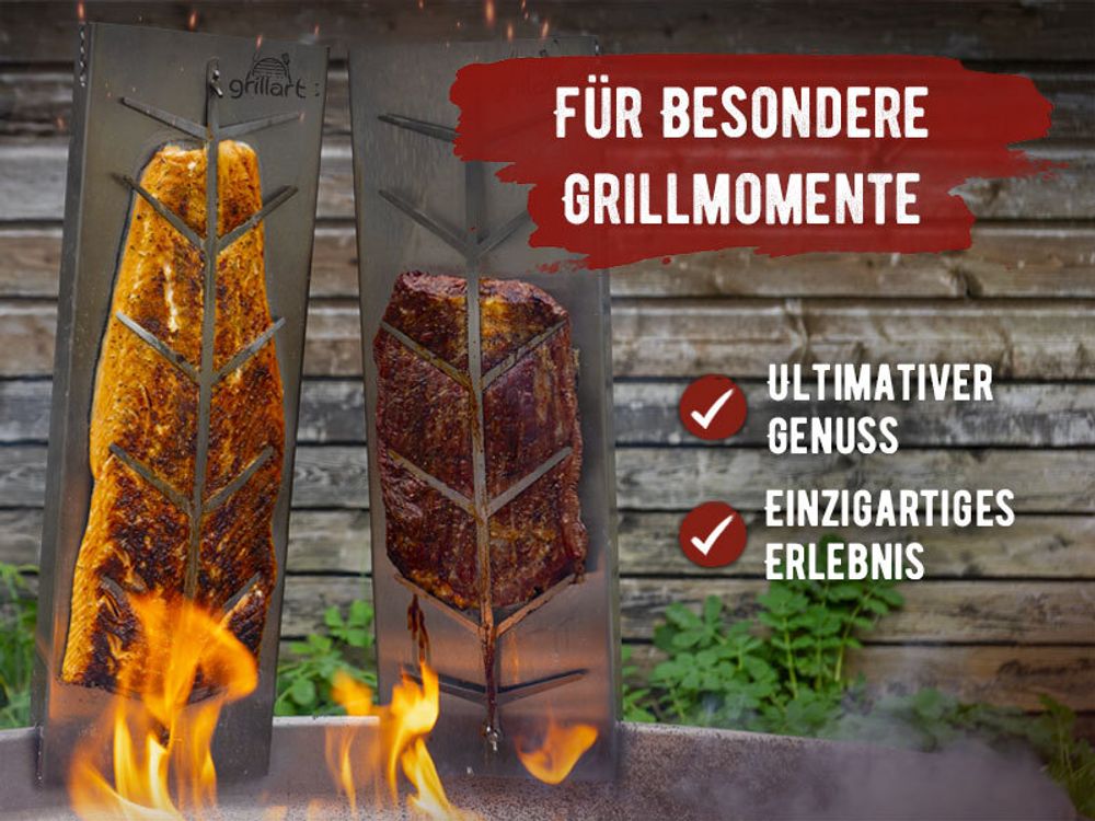 Premium Flammlachsbrett aus hochwertigem Edelstahl – 5-stufig verstellbar und um 180° drehbar