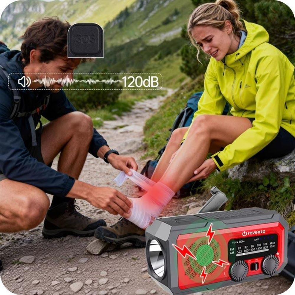 REVENTO® Ratunkowe radio solarne na korbkę, awaryjne radio z lampką LED, powerbank na smartfona 2000 mAh