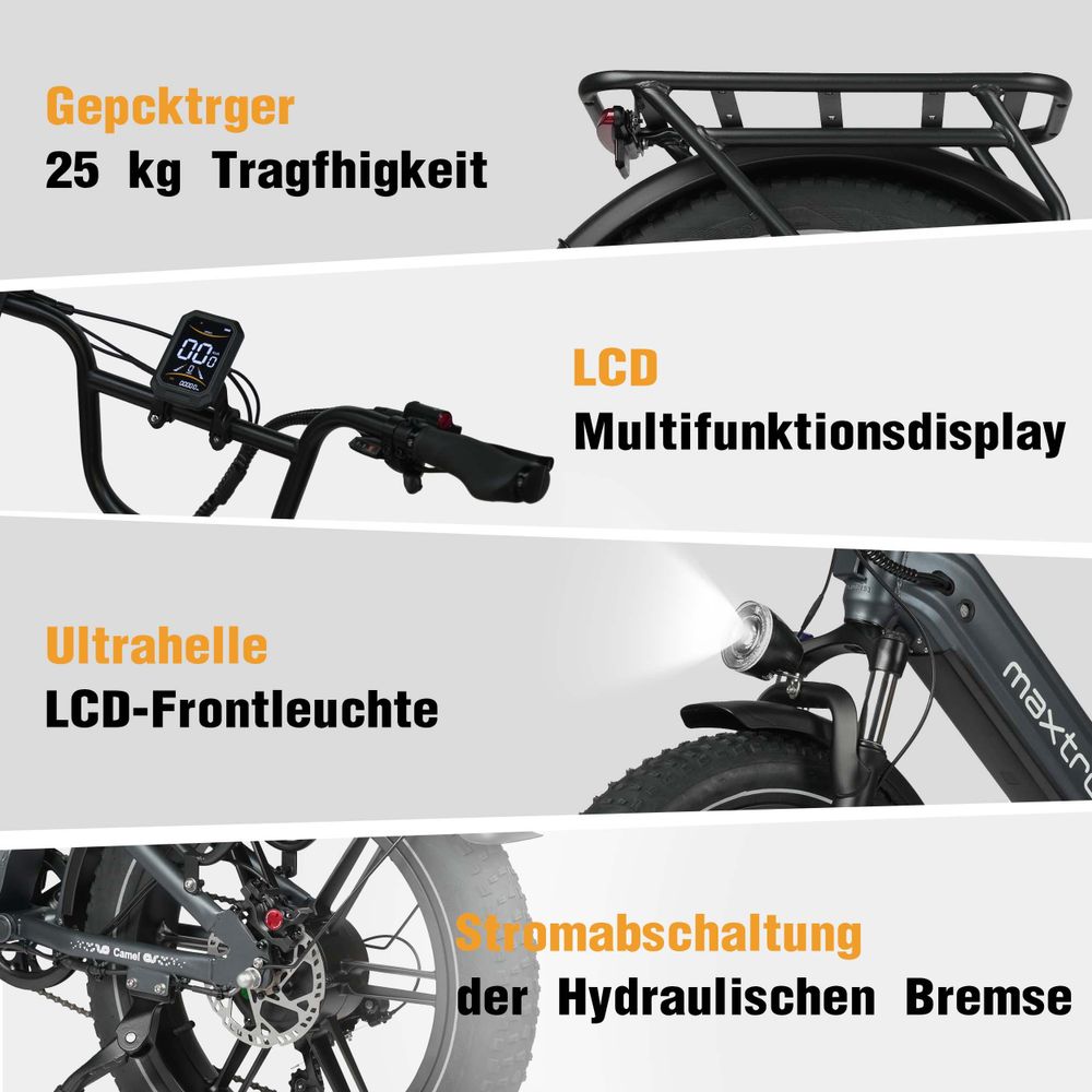 Maxtron Camel E-Fatbike 20 Zoll, 48V 250W Bafang Motor 60Nm, 864Wh Großer Akku, Hydraulische Scheibenbremsen, StVZO-konform, Elektrofahrrad für Damen