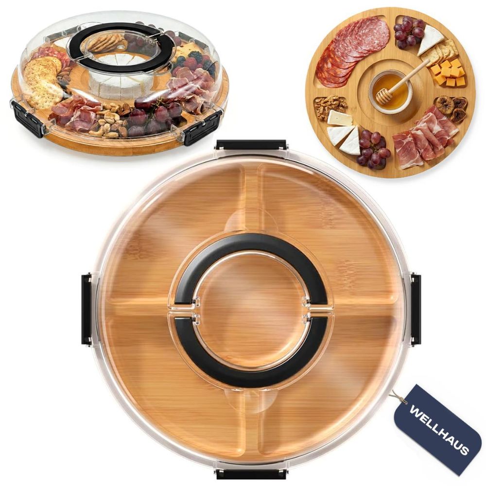 WELLHAUS Käsebrett aus Bambus mit Deckel – Tragbares Tablett für Käse und Vorspeisen, ideal für Picknicks