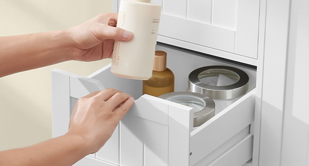 VASAGLE Badezimmerschrank, schmaler Badschrank, Beistellschrank, Kommode, mit 4 Schubladen, Schranktür, verstellbare Ablage