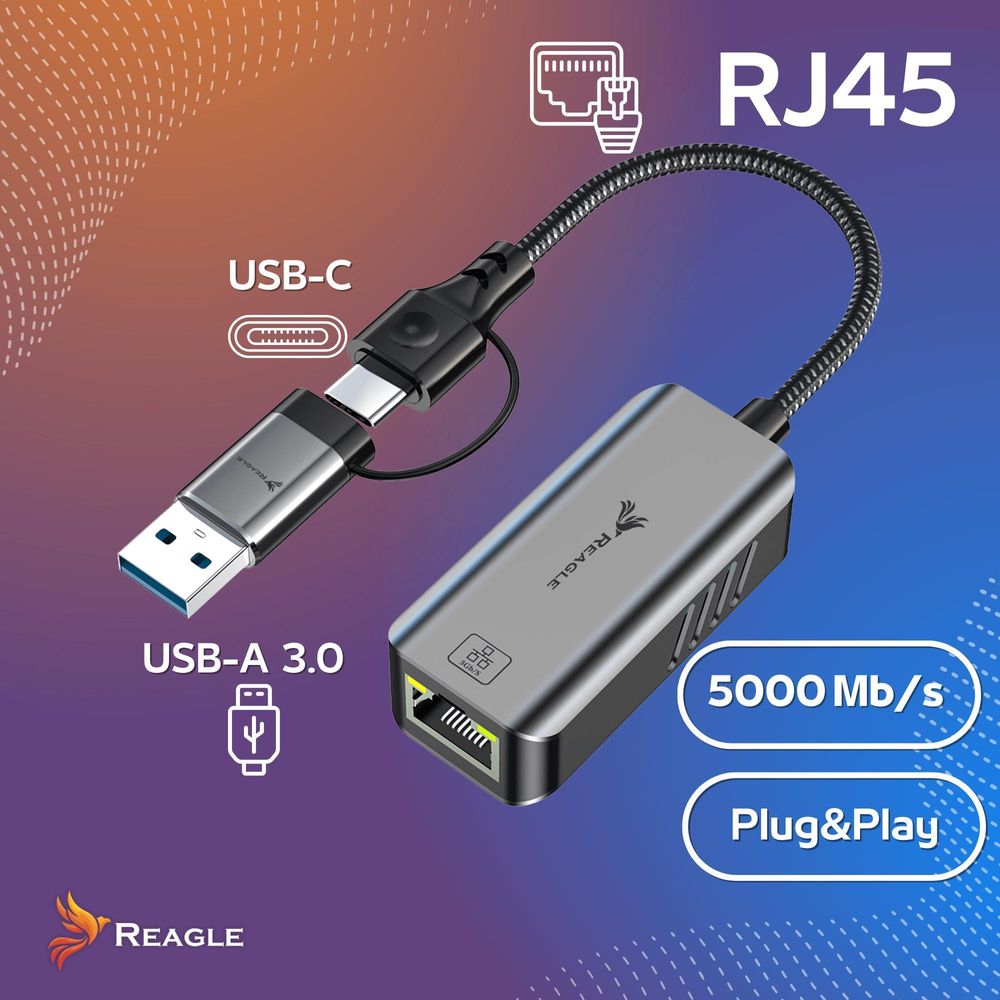USB 3.2 zu RJ45 Gigabit Ethernet Adapter 5000 Mbit s 5Gbps LAN Netzwerkverteiler 2in1 USB C und USB A Anschluss für Ultrabook PC Laptop Reagle
