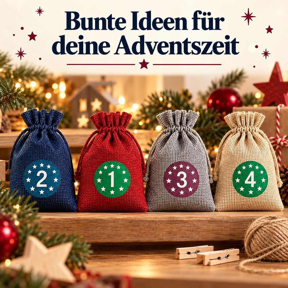 Farbige Adventskalendersäckchen der Variante Modell 3 auf einer Ablage