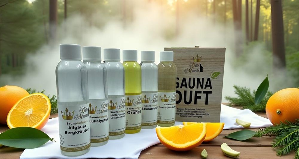 Saunaaufguss Set mit Eukalyptus, Bergkräuter, Orange, Saunamedizin, in Wellness-Umgebung.